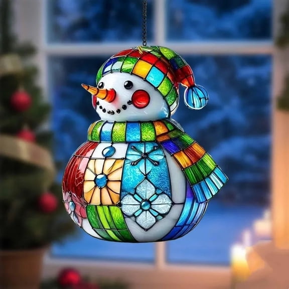 Patchwork Snowman Christmas Sun Catcher Acrylic Flat Pendant/ Christmas Colorful Light Catcher Home Window Hanging Acrylic Decorative Ornament