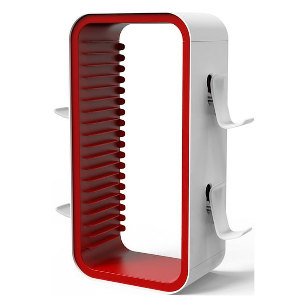 Torre para discos de videojuegos con 18 compartimentos, soporte para almacenamiento de videojuegos, torre para discos de videojuegos que ahorra espacio y tiene gran capacidad, 4 ganchos para mandos