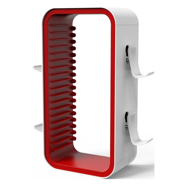 Torre para discos de videojuegos con 18 compartimentos, soporte para almacenamiento de videojuegos, torre para discos de videojuegos que ahorra espacio y tiene gran capacidad, 4 ganchos para mandos