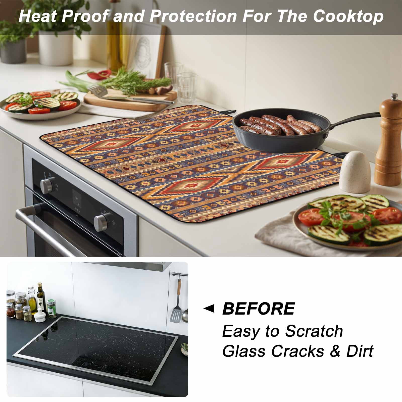 Southwest Boho Stove Top Cover for Electric Stove, Heat-proof & Non Slip Glass Top Stove Cover Protector, Retro Farmhouse Abstract Geometric Striped Kitchen Flat Cooktop Rubber Mat 24x21 Inches