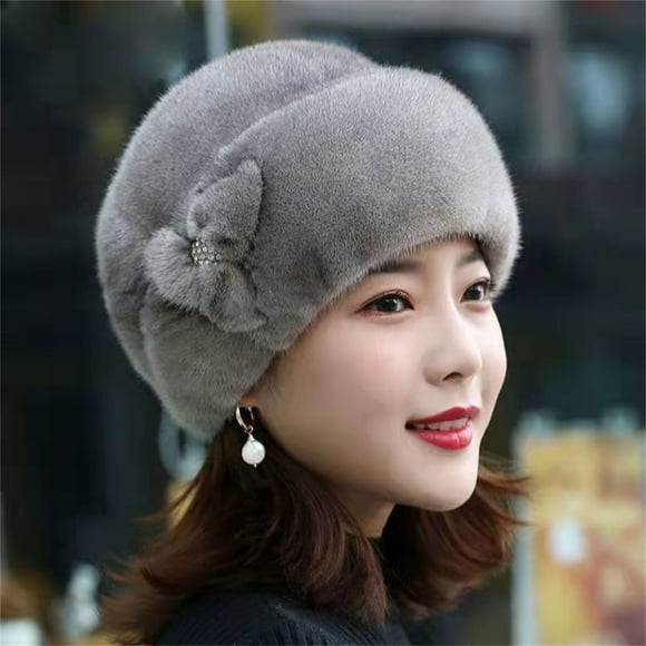 Bunenne Bucket Hats for Woman Chemo Headwear for Women Beanies for Winter Women's Hats Winter Faux Flower Decor Hats Elderly Hats Old Ladies Hats Fleece Beanie Turbans for Women Gray One Size