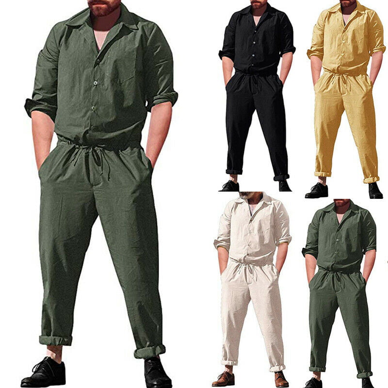 Men Long Sleeve Solid Coverall One Piece Jumpsuits Cotton Pants Trouser Romper
