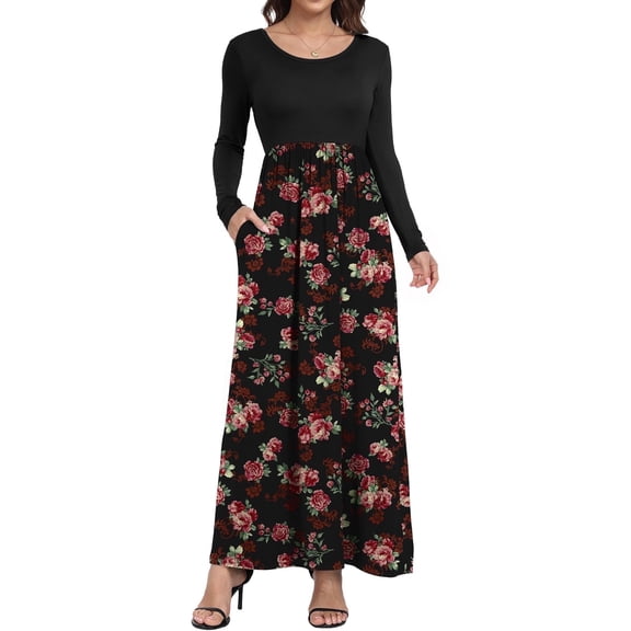 Aiyino Women's Maxi Dresses Long Sleeve Casual Long Dresses Loose with Pockets,Rose Black XL