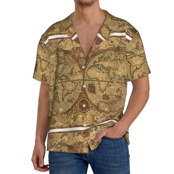 Fotbe World Map1 Camisa Estampada de Manga Corta para Hombre, Casual de Verano, Estilo Playero, Sin Arrugas-Large
