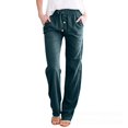 thumbnail image 2 of Women'S Casual Cotton Linen Pants Drawstring Light-Weight Summer Fit Straight Leg Lounge Trouser Green M, 2 of 3