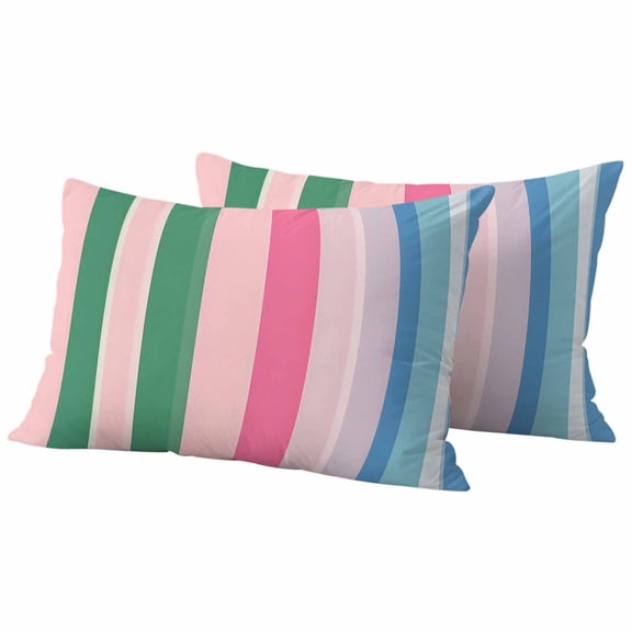 Pink Green Blue Stripe Outdoor Waterproof Pillow Covers, Farmhouse Stripes Contemporary Decorative Rectangle Throw Pillowcase Sofa Cushion Sham for Patio/Couch/Chair, 20"x12" 2 Pack