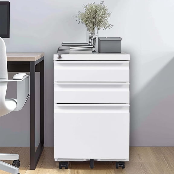 CQSXDA Modern Metal 3 Drawer Mobile File Cabinet - Assembled Organizer for Home Office with Lock and Wheels, White