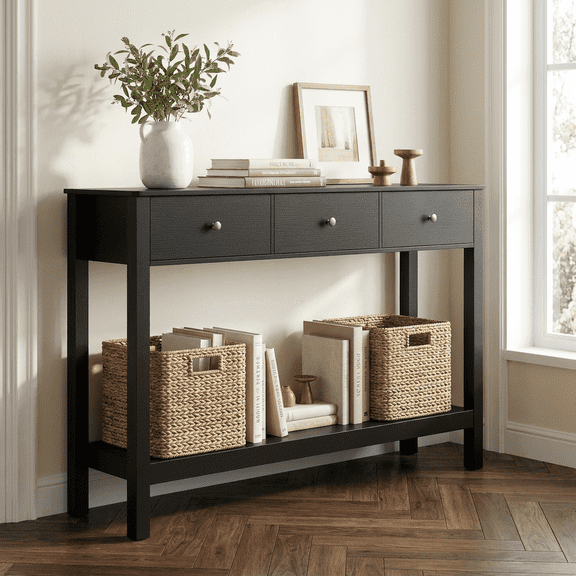 Asofer 3-Drawer Sofa Table, Modern Console with 2-Tier Open Shelf & Metal Round Handles, Large Storage for Entryway, Black