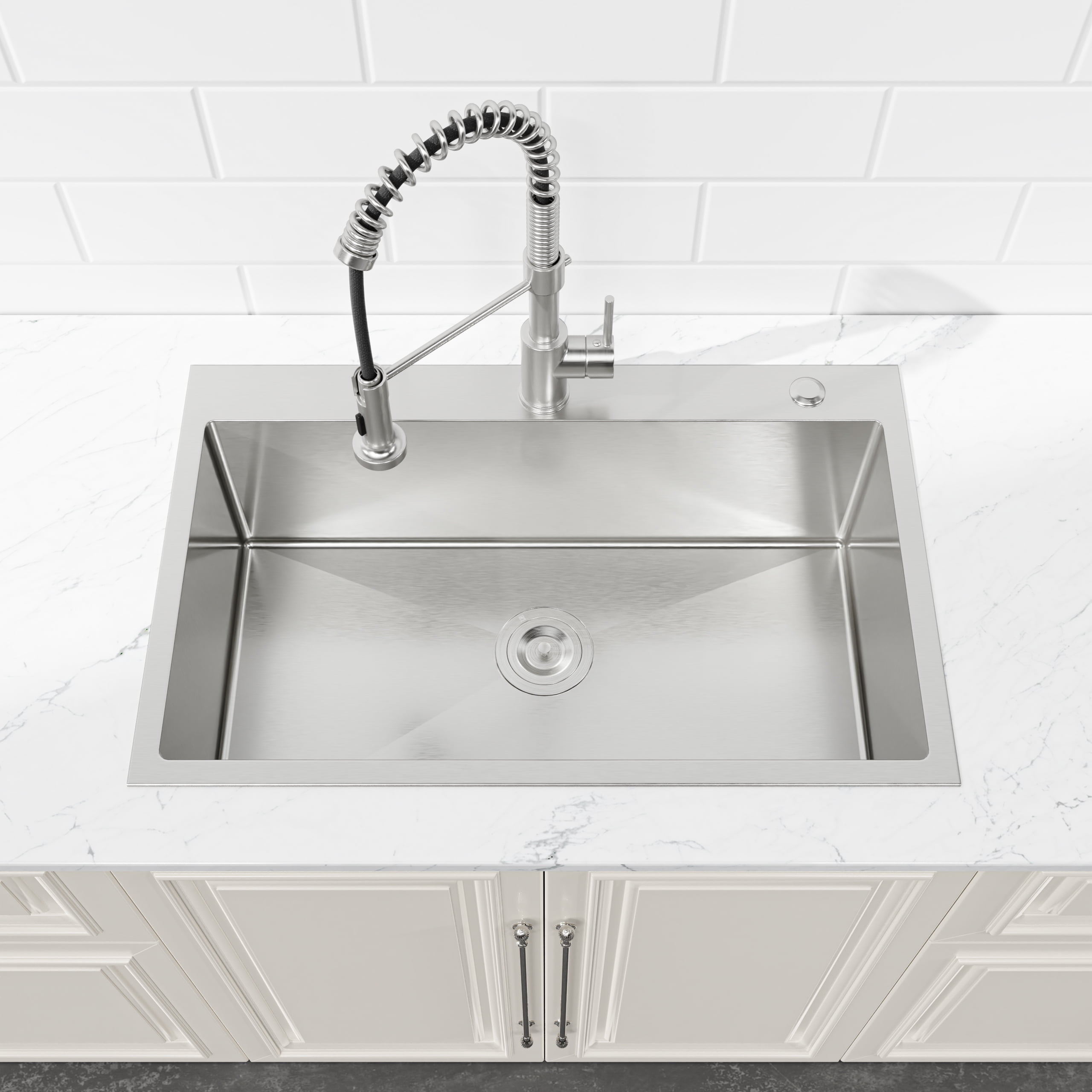 30-inx19-in Brushed Nickel Drop-In Kitchen Sink-Single Bowl 16 Gauge Stainless Steel Topmount Sink with US Drain And Hooks