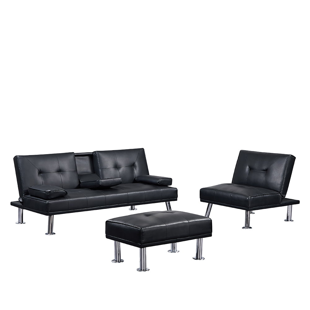 Lowestbest Futon Sofa Bed, Modern Leather Couch Convertible Folding Sofabed with Ottoman, 3 Pcs for 1 Sets, Black Lowestbest Futon Sofa Bed, Modern Leather Couch Convertible Folding Sofabed with Ottoman, 3 Pcs for 1 Sets, Black