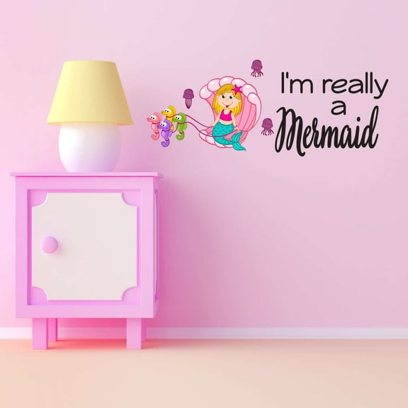 I'M Really A Mermaid Half Shell Seahorse Sled Wishes Mermaids Vibes Seahorse Statfish Princess Fish Queen Sweet Dreams Bedtime Unicorn Dream Holiday Decorating Wall Decal Sticker - Size: 20 In X 8 In
