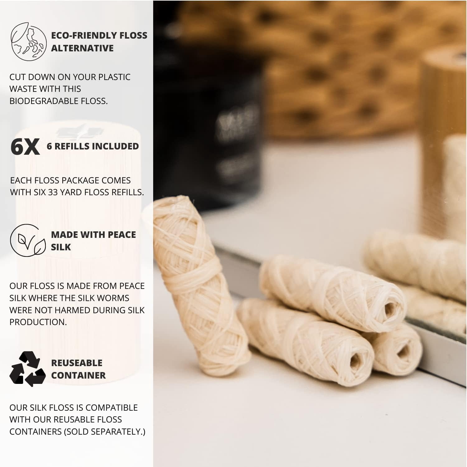 Biodegradable Silk Dental Floss Refill - Six Pack Organic Natural Floss Refillable Compostable Peace Refills 6 x 33 Yards Eco-Friendly Mint Candelilla Wax