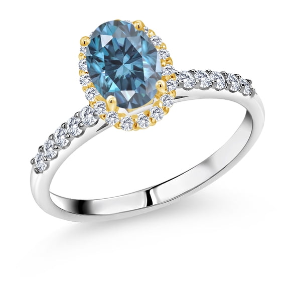 Gem Stone King 925 Silver and 10K Yellow Gold Ring Persian Blue Moissanite and Lab Grown Diamond (1.70 Cttw, Size 6)