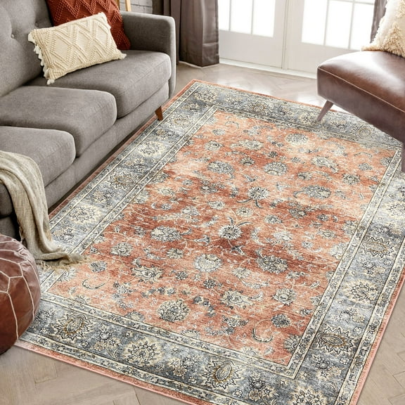 Garvee 8'x10' Area Rug Washable Boho Carpet Rugs for Bedroom Dining Room Vintage Persian Accent Rug Floral Non Slip Low-Pile Rug Soft Foldable Rug, Brick Red