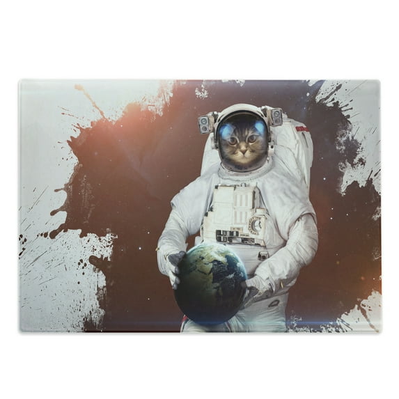 Outer Space Cutting Board, Kitty Cosmonaut on Earth World in Front of Color Splash Surreal Design, Decorative Tempered Glass Cutting and Serving Board, Large Size, Red White, by Ambesonne