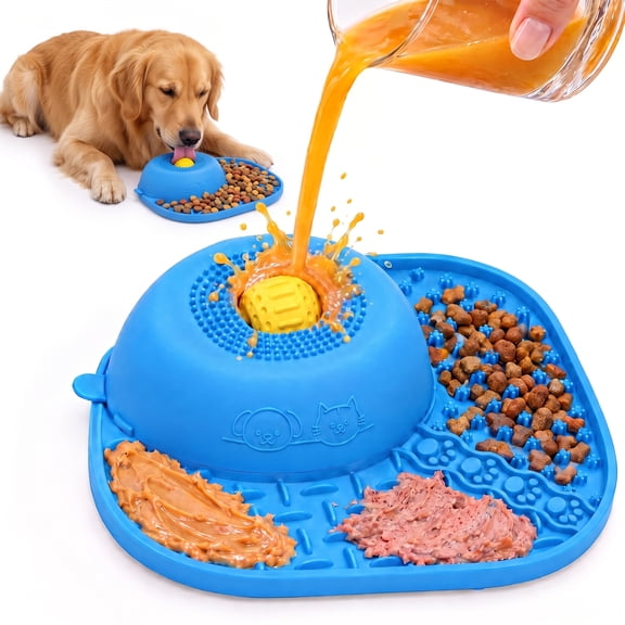 Slow Feeder Dog Bowl with Interactive Rolling Ball - Anti-Slip Lick Mat & Bowl for Liquid/Thick Treats, 5/6 Cup Licking Toy for Large Medium Small Dogs & Cats, Blue