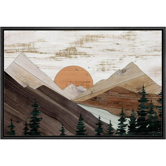 PixonSign Framed Canvas Print Wall Art Rustic Brown Mountain Trees Nature Wilderness Digital Art Wood Panel Landscape Farmhouse/Country Relax/Calm/Cozy Geometric Abstract - 24"x36" Black