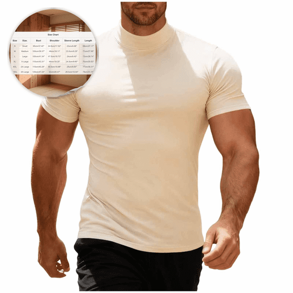 BELTNOV Men's Mock Neck T-Shirts Casual Short Sleeve Basic Undershirt Breathable Base Layer Pullover Tops Beige