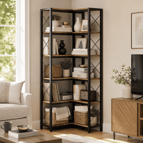 IRONCK 6-Tier Corner Shelf, Industrial L-shaped Display Bookshelf, Freestanding Bookcase for Living Room Home Office, Brown