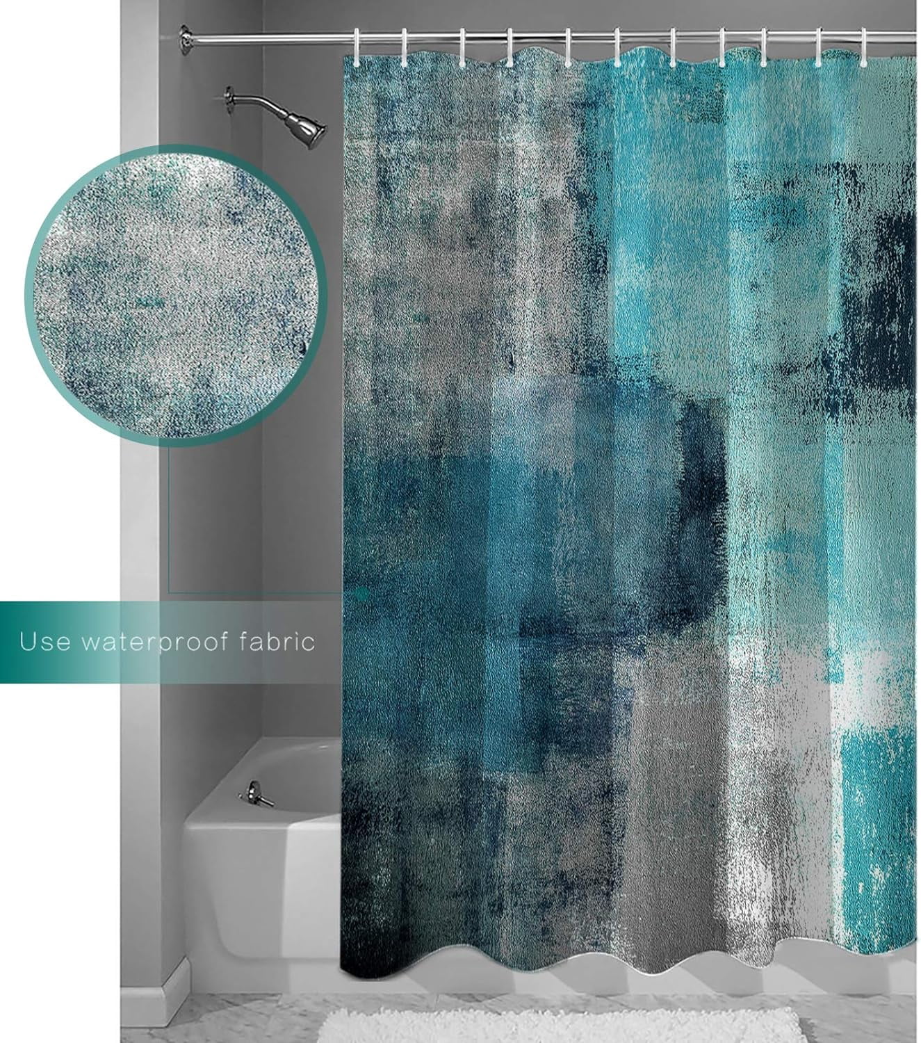 Turquoise Blue Grey Shower Curtain Lightweight Shower Curtains with 12 Hooks Turquoise and Grey Teal Abstract Art Painting Waterproof Bathroom Bath Curtain for Bathroom,Bathtub Decor 72 X 72 Inch