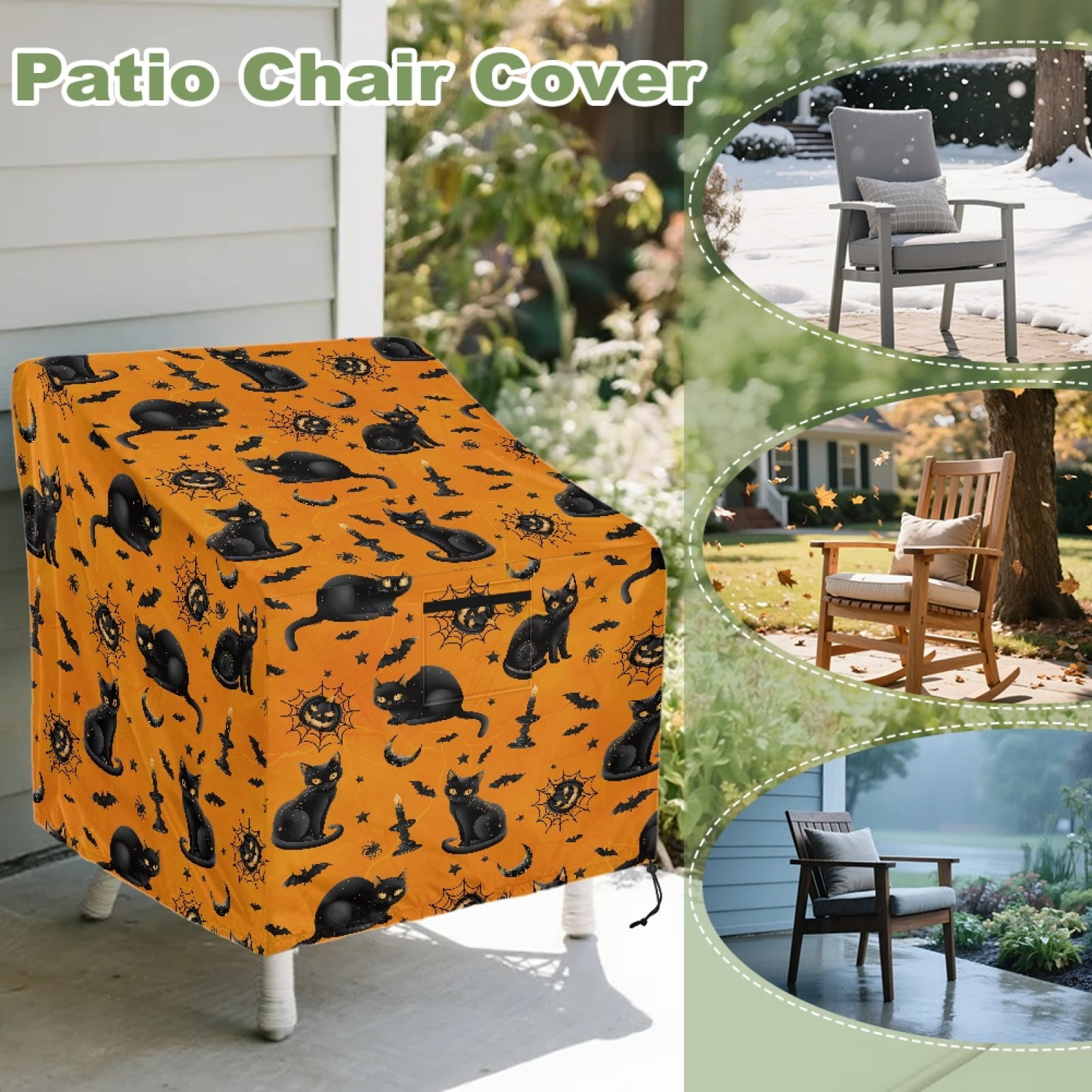 Renewold Waterproof Outdoor Chair Covers UV Resistant Patio Adirondack Rocking Chair Covers Recliner Chair Protector Halloween Decor Fits up to 32W x 35D x 36H Inches, Black Cat Pumpkin Orange