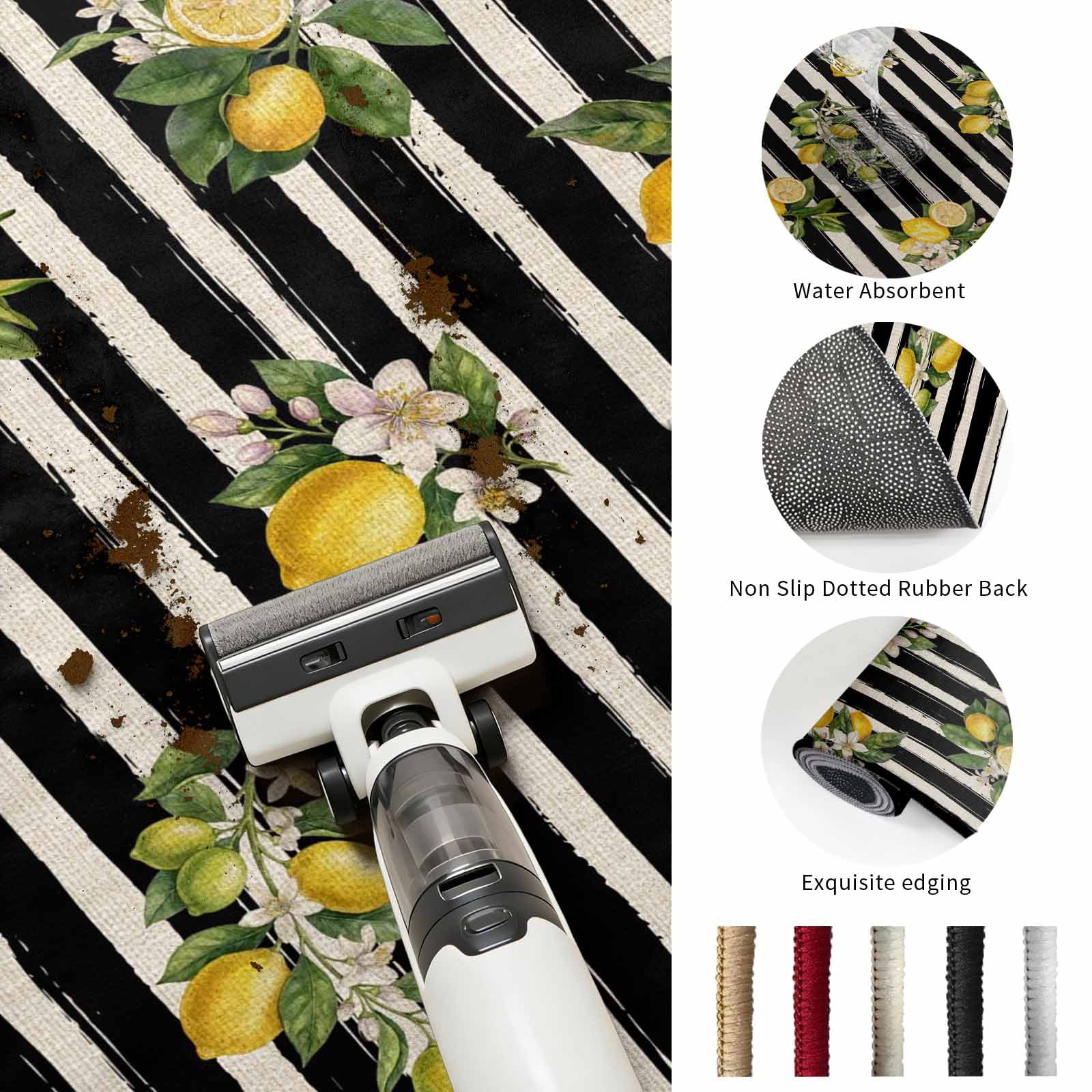 Large Round Rug 8Ft, Summer Lemons Non-Slip Washable Circle Rugs Carpet, Vintage Fruits Flowers Black Striped Indoor Outdoor Rug Floor Mats Throw Runner for Bedroom Living Room Bathroom