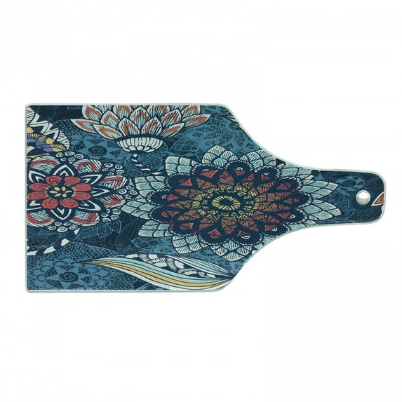 Flower Cutting Board, Abstract Flower Design Colors Modern Inspirations Complex Style Nature Depiction, Tempered Glass Cutting and Serving Board, Wine Bottle Shape, Multicolor, by Ambesonne