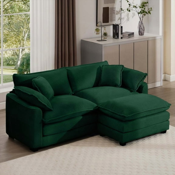 Corduroy 2-Seater Sofa with 1 Footrest for Small Living Spaces (Green)