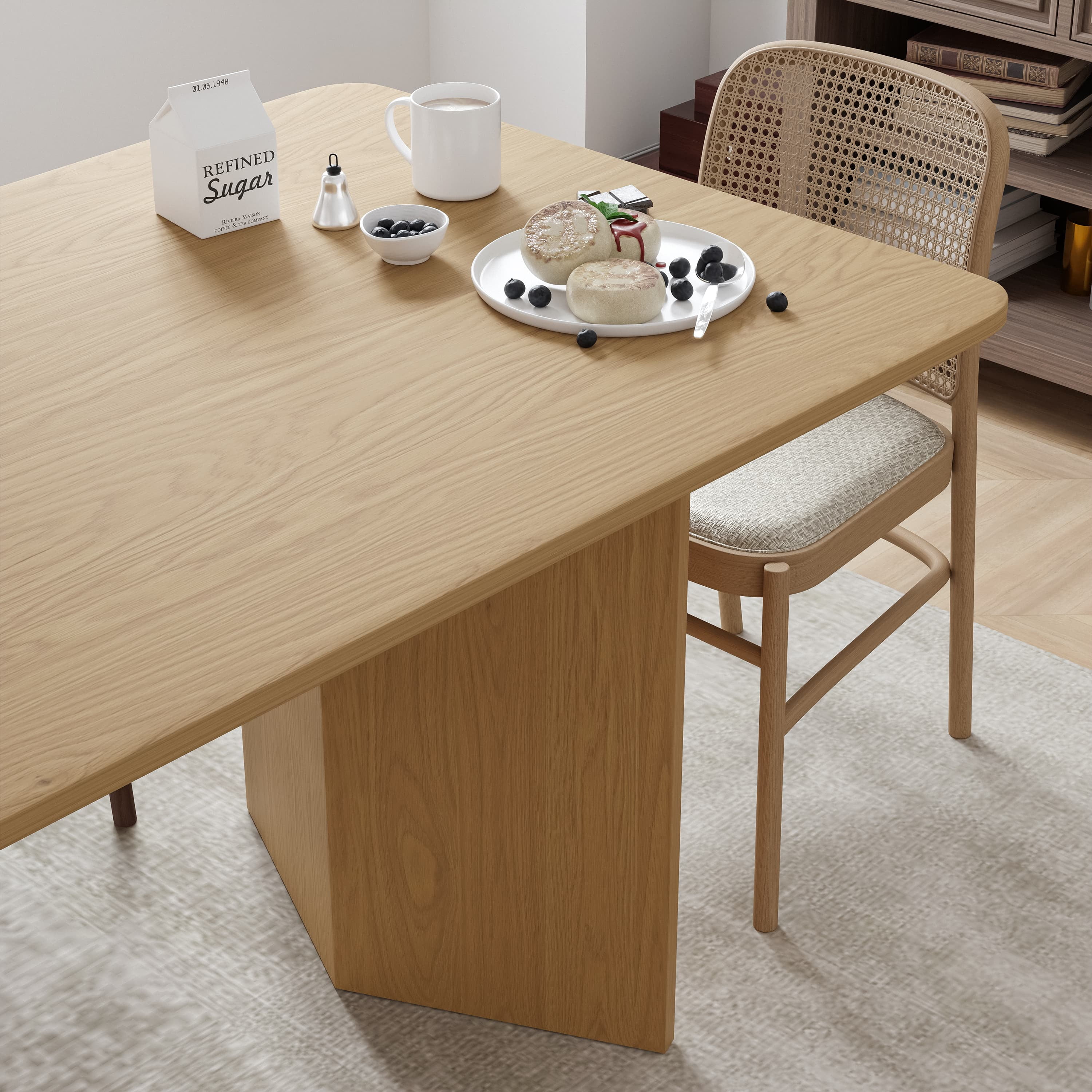 MAYEERTY 79"×33.5"×30" Natural Wood Square Dining Table - V-Shaped Legs, Compact for Apartments