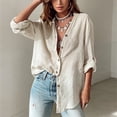 thumbnail image 2 of Morttic Women's Stylish Loose-Fit Long Sleeve Shirt – Stand Collar with Button Detail Roll-Up Cuff Solid Color Elegant Top Off White，M, 2 of 3