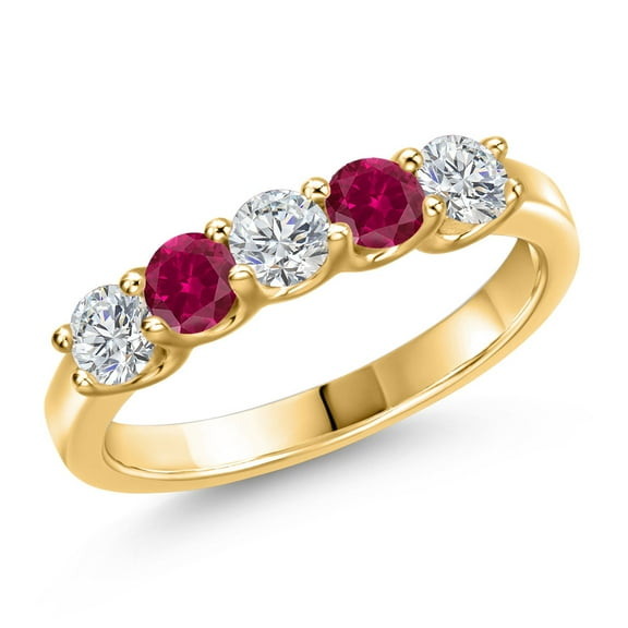 Gem Stone King 18K Yellow Gold Plated Silver Lab Grown Diamond and Red Created Ruby Wedding-Bands Ring for Women | 1.01 Cttw | Round 3.5MM | Gemstone April Birthstone | Size 8