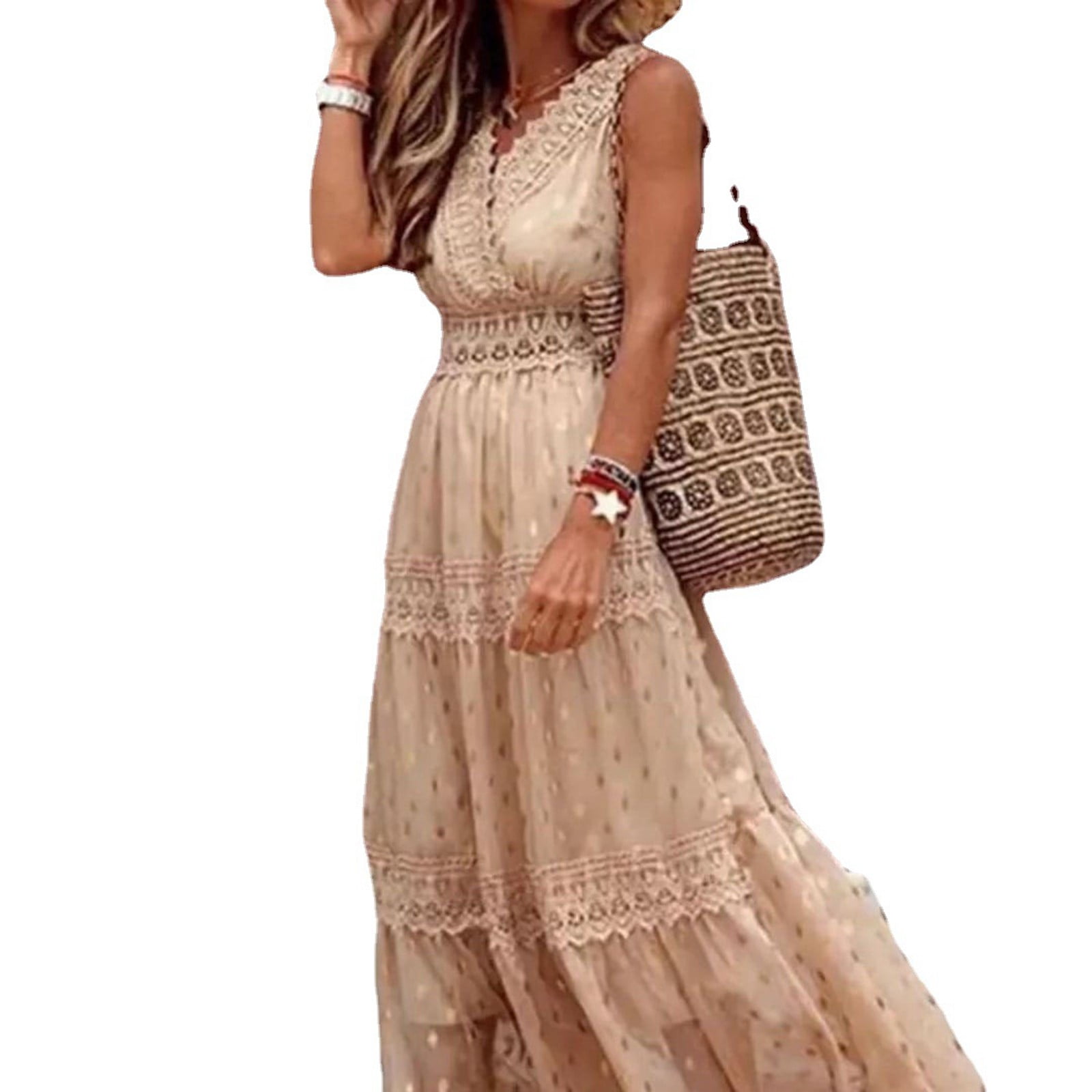 Ierhent Women's Casual Dresses Women's Floral Summer Short Dress Square Neck Short Sleeve Tiered Ruffle Boho Swing Dresses(Beige,M)
