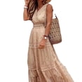 thumbnail image 4 of Ierhent Business Casual Dress Women's Summer Casual Flutter Short Sleeve Crew Neck Smocked Elastic Waist Tiered Midi Dress(Beige,S), 4 of 6