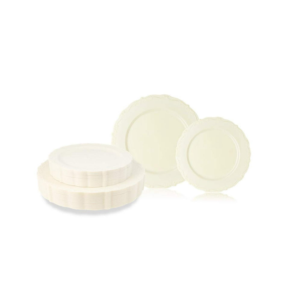 Disposable Plastic Plates Set, Vintage Party Plates, Cream 60 Pack (30