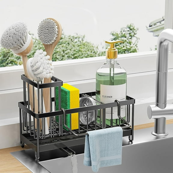 Ababeny Sink Caddy Kitchen Organizer, Sponge Holder for Kitchen Sink, Black Kitchen Sink Organizer with Brush Holder,Kitchen Storage Gadgets