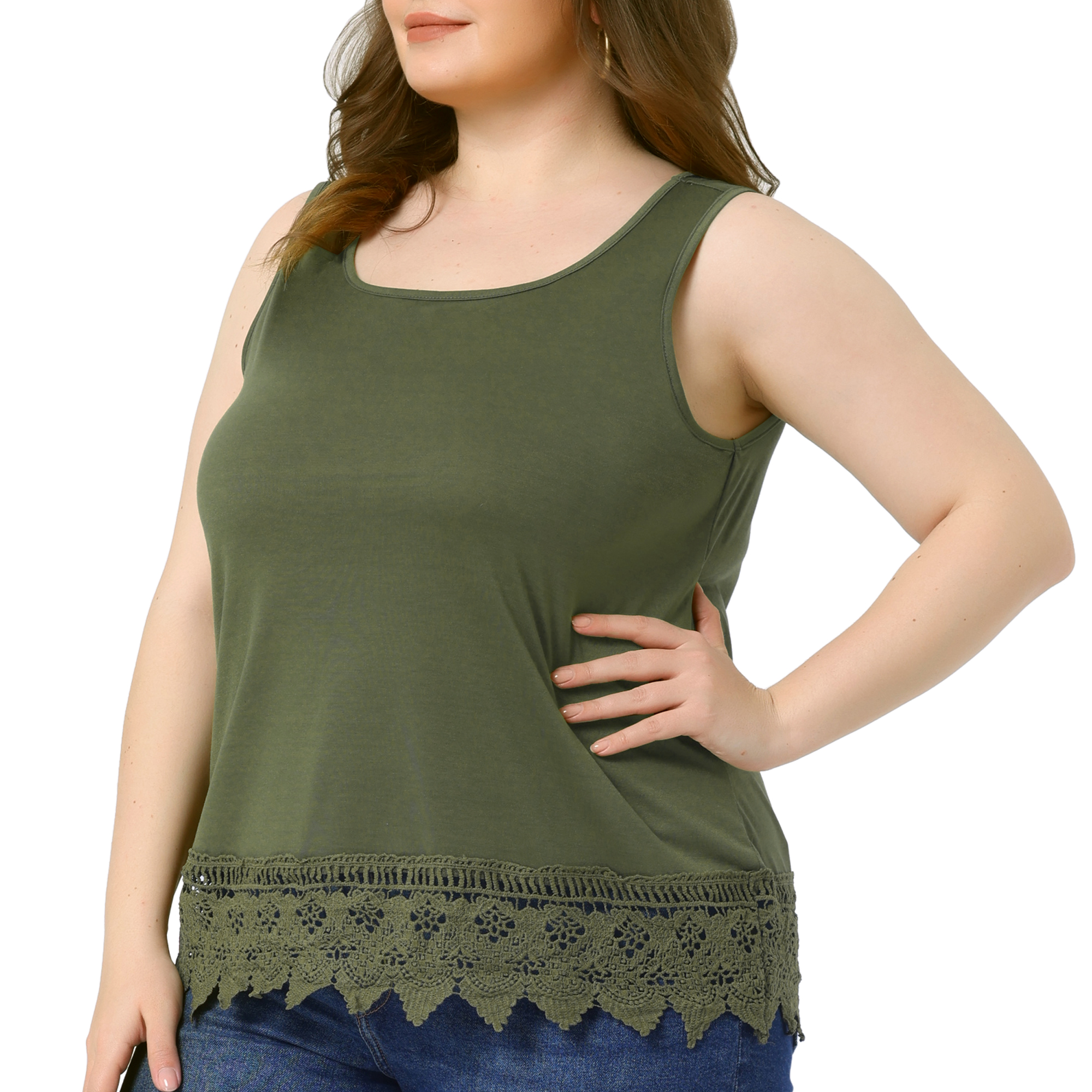 DARING DIVA Women's Plus Tank Tops Round Neck Swing Lace Panel Flowy Tops 4X Army Green