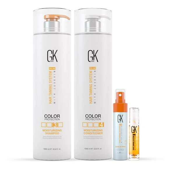 Global Keratin GK Hair Ensemble Shampooing et après-Shampooing Hydratants 1000ml, Vaporisateur après-Shampooing Sans Rinçage 30ml, Sérum Capillaire à l'Huile d'Argan Biologique pour Contrôle des Frisottis 10ml