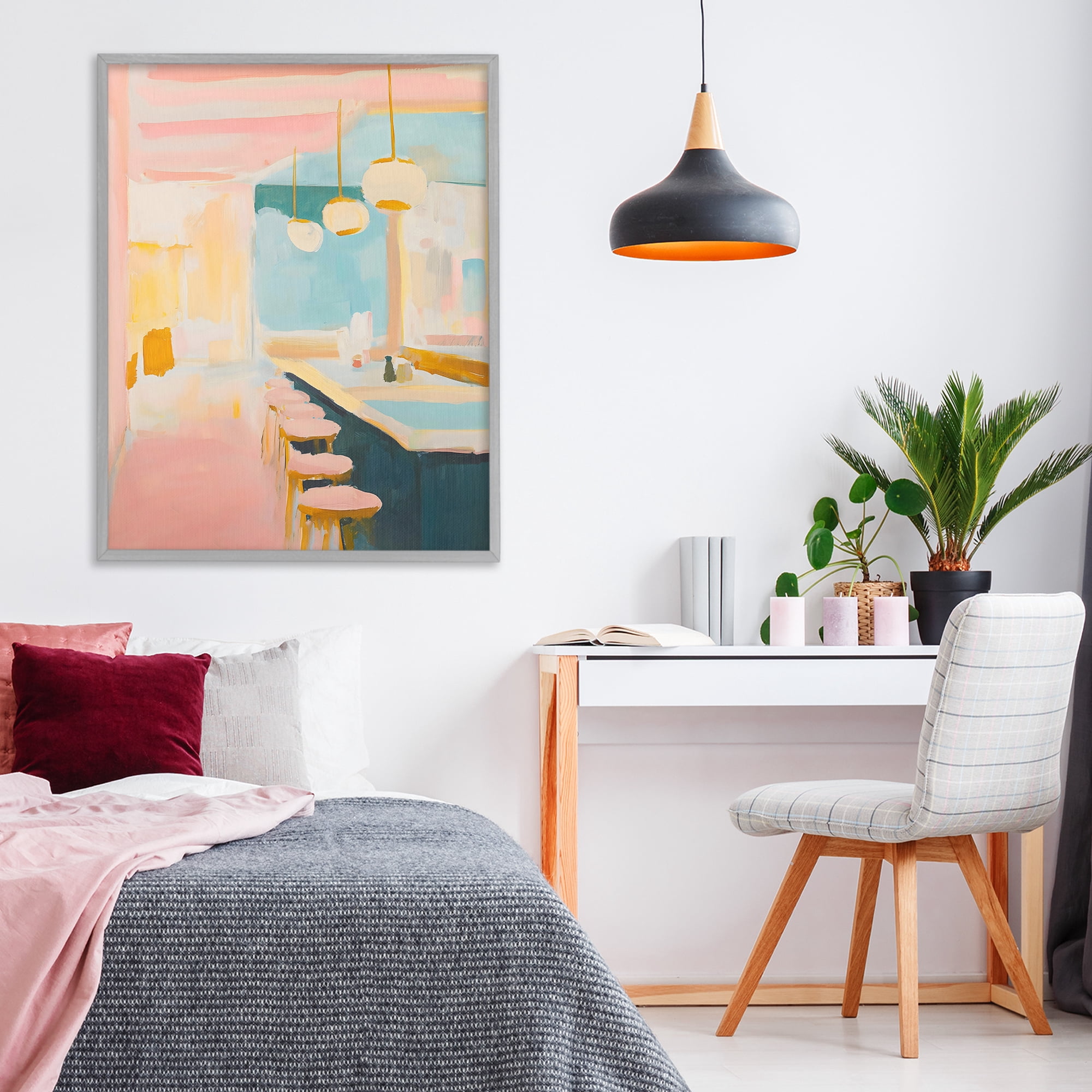 Stupell Industries Pastel Pink Bar Stools Gray Framed Giclee Art, design by The Prints Vibe