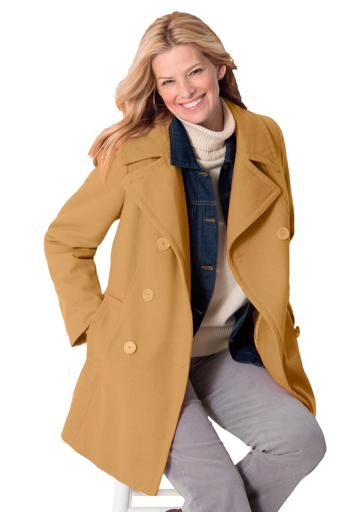 Woman Within Womens Plus Size Wool-Blend Double-Breasted Peacoat 