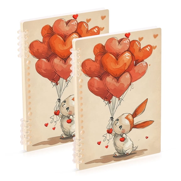 Rabbit Hearts Balloons Ring Binder Notebook Journey Note Diary College Ruled Spiral Notebook Study Loose Leaf Paper A5 60 Pages