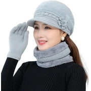GGB-Sports Hat 1 Set Hat Scarf Glove Set Knitted Fleece Flower Windproof Winter Three-piece Set for Outdoor Neckerchief—0516
