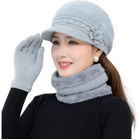 GGB-Sports Hat 1 Set Hat Scarf Glove Set Knitted Fleece Flower Windproof Winter Three-piece Set for Outdoor Neckerchief—0516