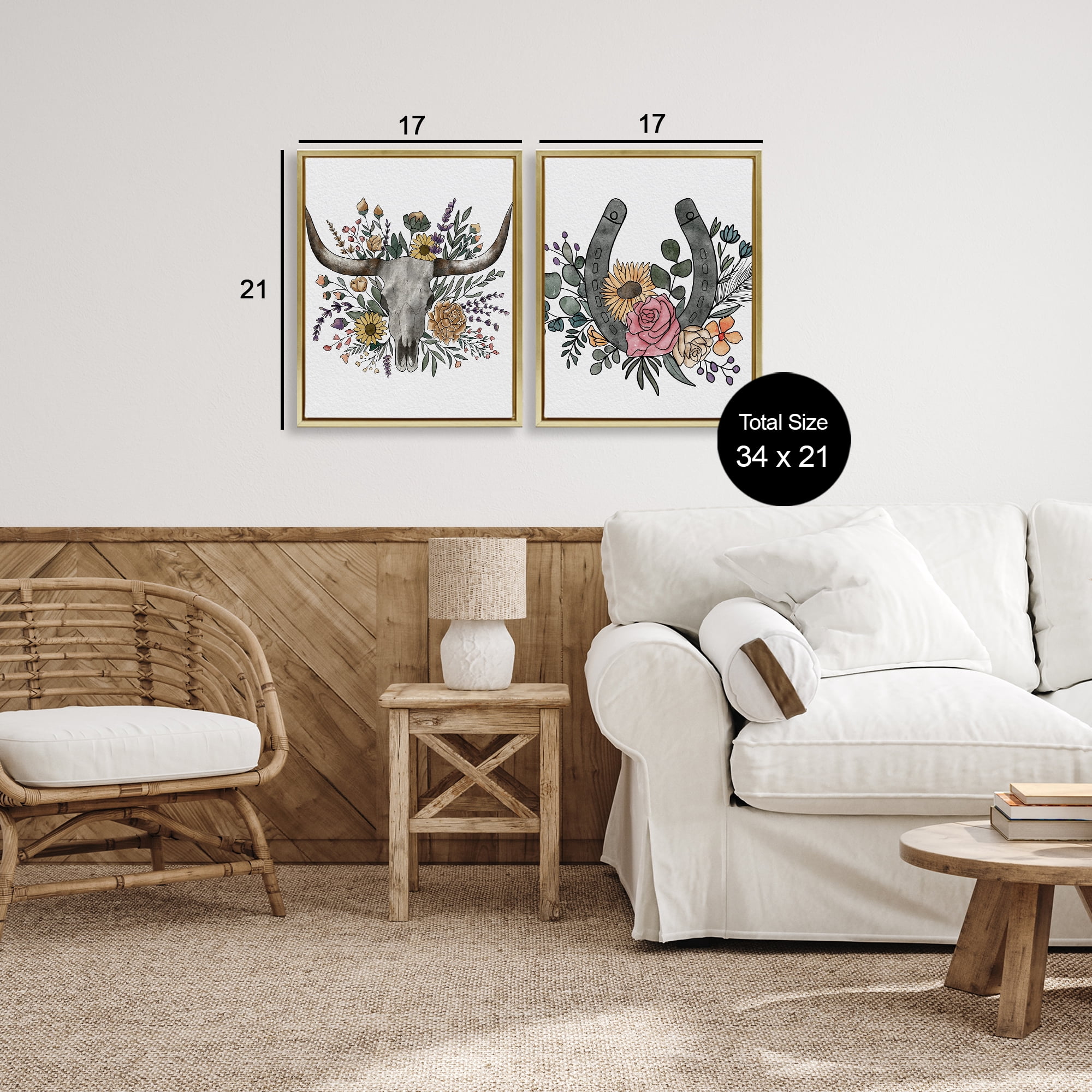 Stupell Industries Boho Longhorn & Horseshoe 2 Piece Gold Framed Floater Canvas Set, design by Alisha Kiara Design