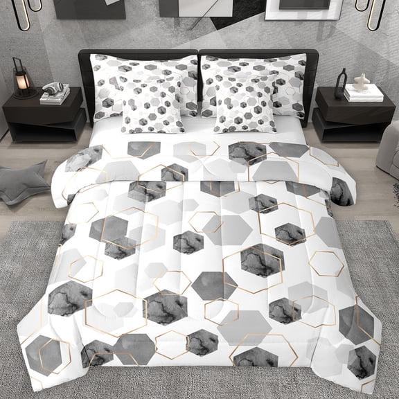 Manfei Grey Modern Honeycomb Twin Bedding Sets 7-Piece, Art Watercolor Square Bedding Comforter Set, Teens Kids Boys Girls Sheet Sets, Microfiber Bedroom Decor