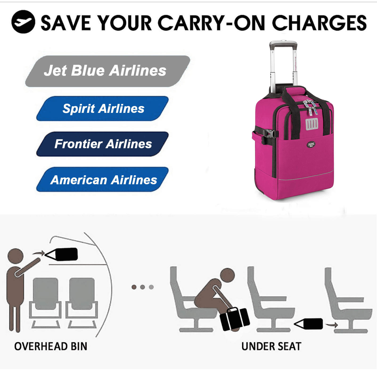 17x13x8 Inches JetBlue Airlines Rolling Personal Item Underseat Travel Bag - Suitable for Major Airlines including Spirit, Jetblue and Frontier- Duffel Bag Design (Fucsia)