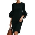 thumbnail image 2 of Dolkfu Crew Neck Womens Summer Dresses Refreshing Black 3/4 Sleeve Pull-on Bodycon Mid-Length Solid Minimalist Slim Dresses Black,L, 2 of 6