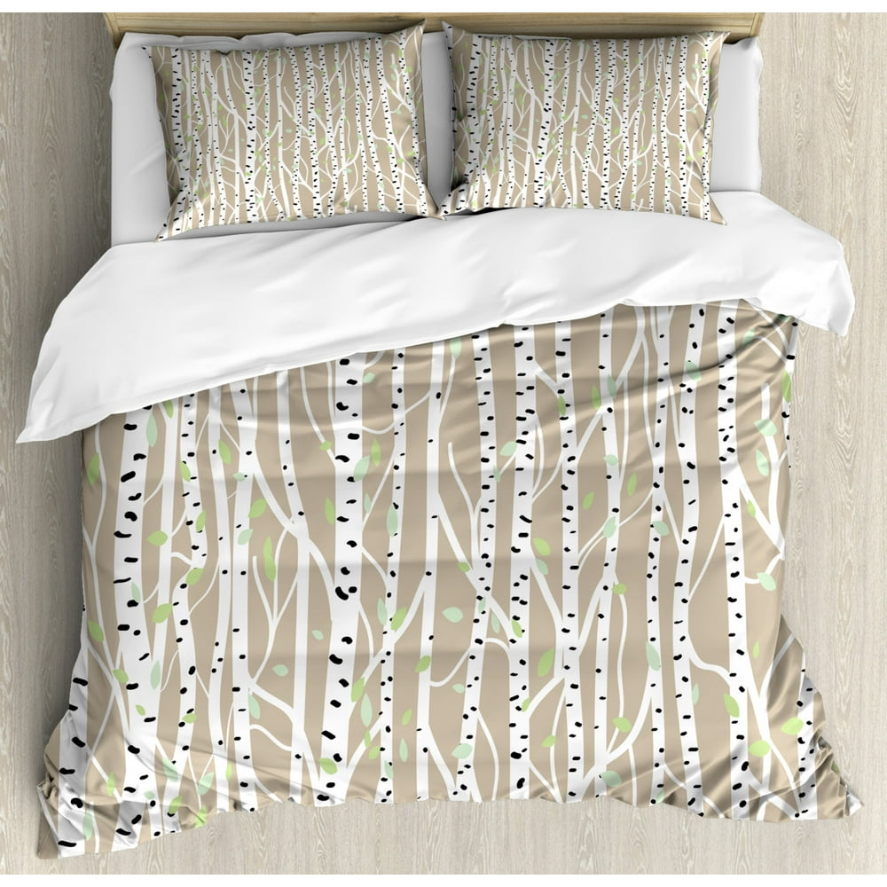 Birch Tree Queen Size Duvet Cover Set, Forest Fresh Foliage Nature