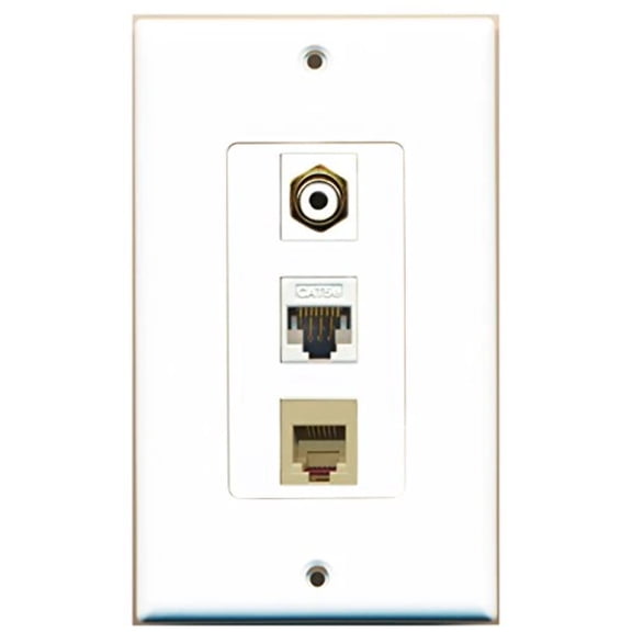 RiteAV - 1 Port RCA White and 1 Port Phone RJ11 RJ12 Beige and 1 Port Cat5e Ethernet White Decorative Wall Plate