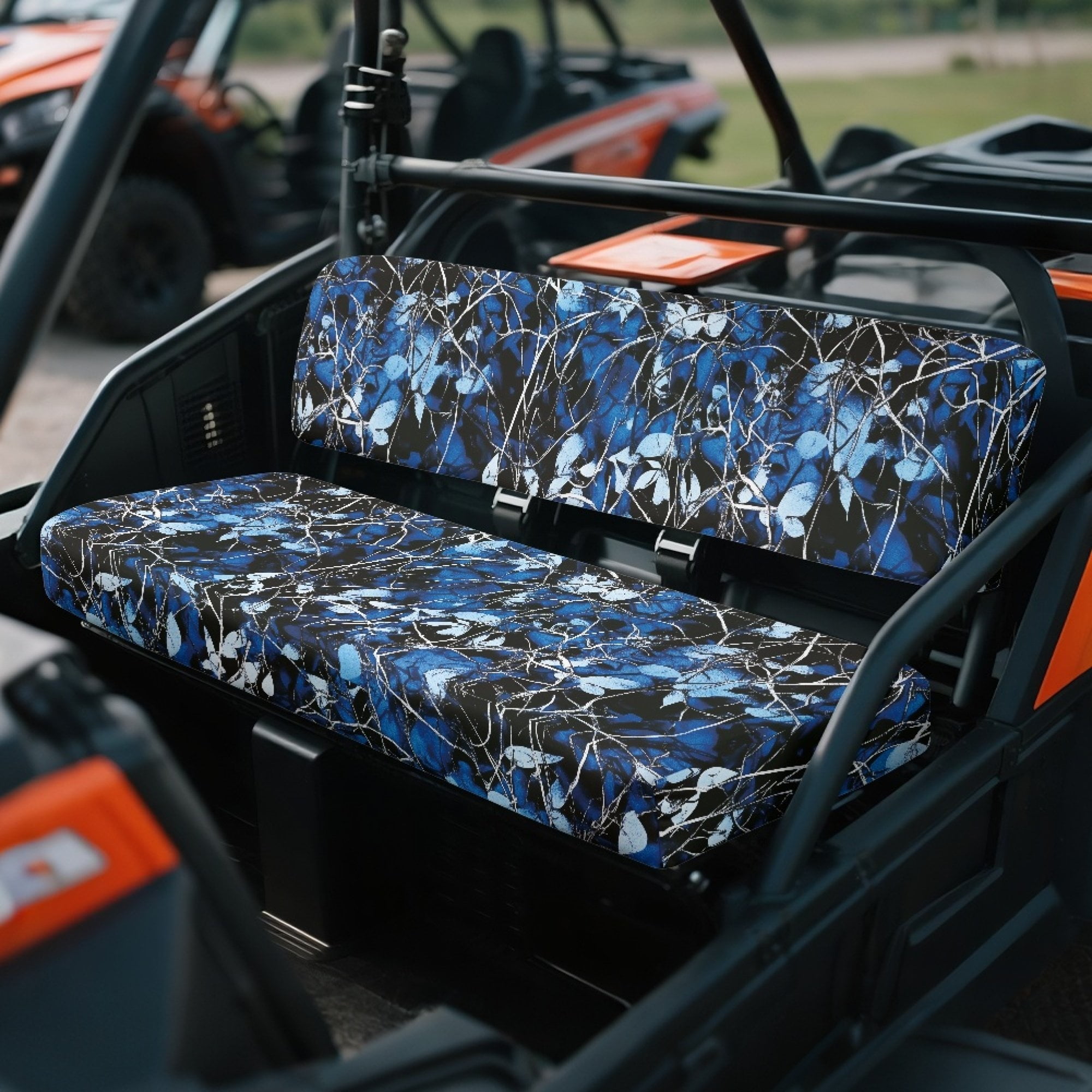 ZIATUBLES 2-Pack UTV Front Seat Covers with Blue Leaf Camo Print, Compatible with Kawasaki Mule 3000 3010, Washable Polyester Protective Cover, Fade & Wear Resistant