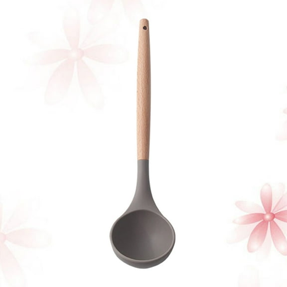 Silicone Soup Ladle with Beech Wood Handle, Kitchen Cooking Spoon, , , Non-Stick, Easy to Clean